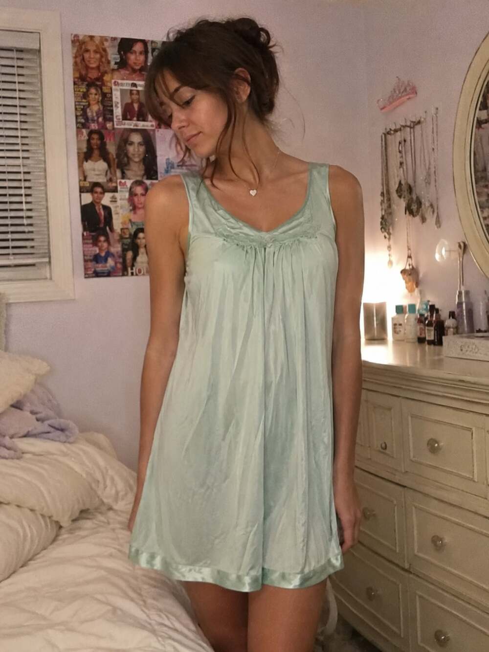 Vintage Vanity Fair Aqua Blue Nylon Tricot Lace Trim Nightgown